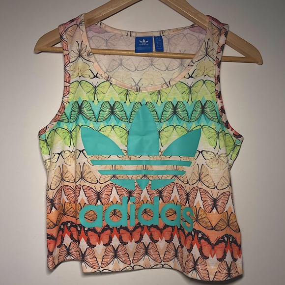 adidas Originals X FARM Womens Borbofresh Butterfly Trefoil Print Crop Tank Vest - Picture 1 of 2